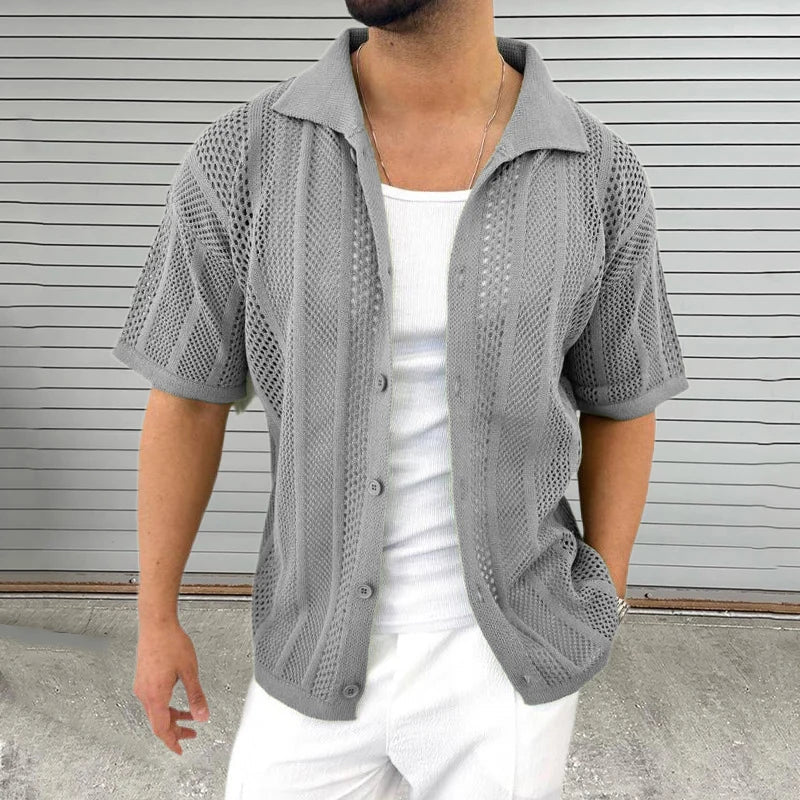 Versatile men's relaxed fit knit shirt with classic collar, great for summer fashion & smart casual looks.