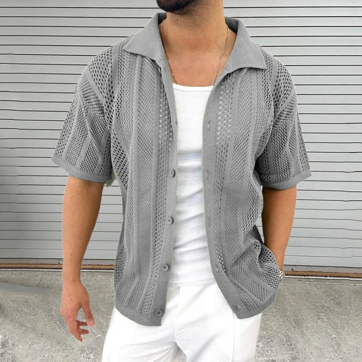 Versatile men's relaxed fit knit shirt with classic collar, great for summer fashion & smart casual looks.