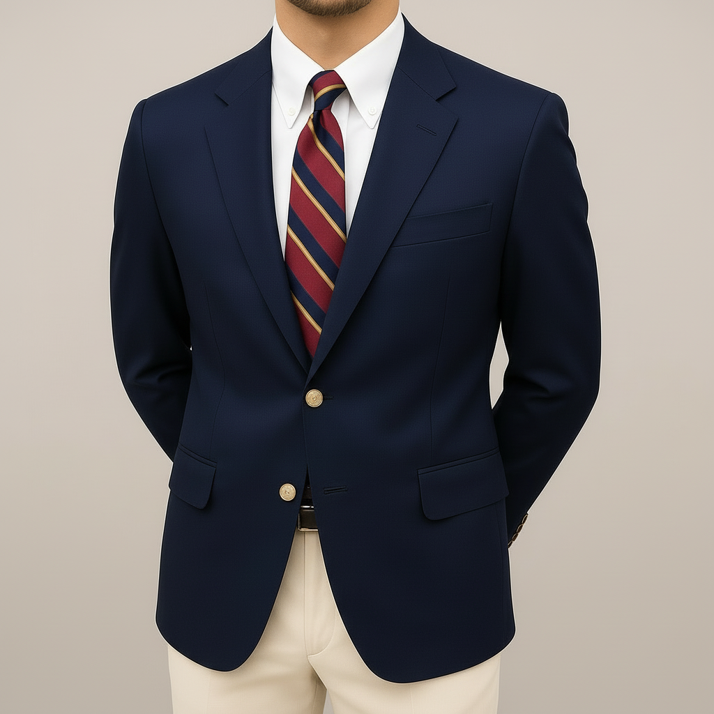 Men's classic dark blue blazer with elegant gold buttons & stylish notch lapel. Perfect for formal or smart casual wear.
