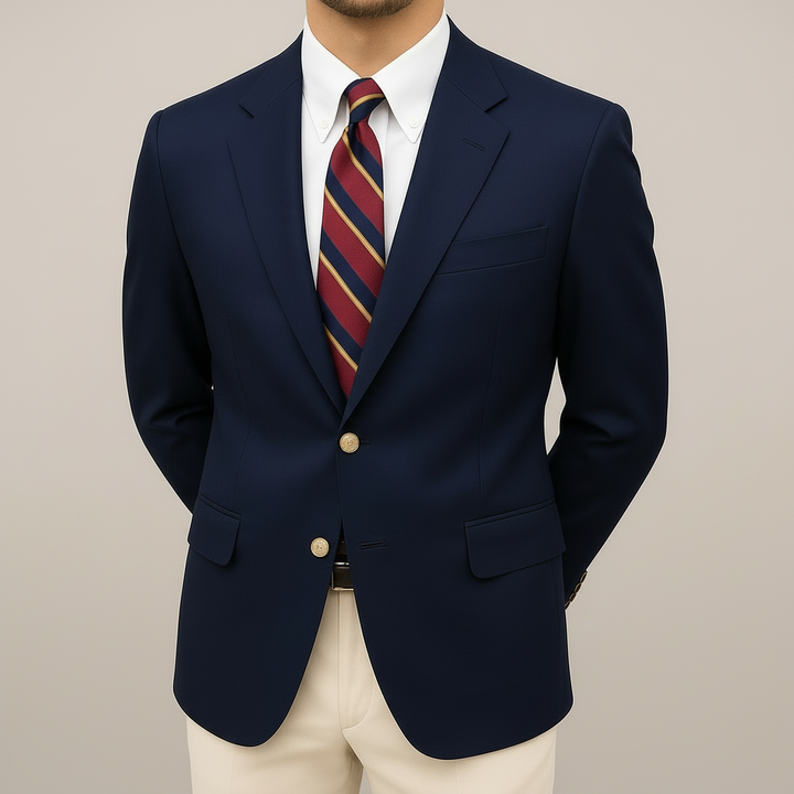 Men's classic dark blue blazer with elegant gold buttons & stylish notch lapel. Perfect for formal or smart casual wear.