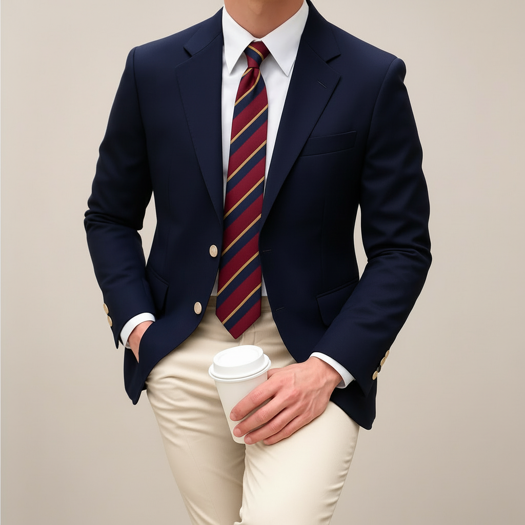 Versatile men's classic dark blue blazer. Features gold buttons, notch lapel. Ideal for business attire & smart events.