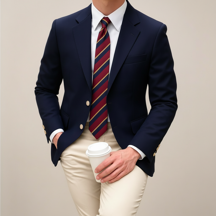 Versatile men's classic dark blue blazer. Features gold buttons, notch lapel. Ideal for business attire & smart events.
