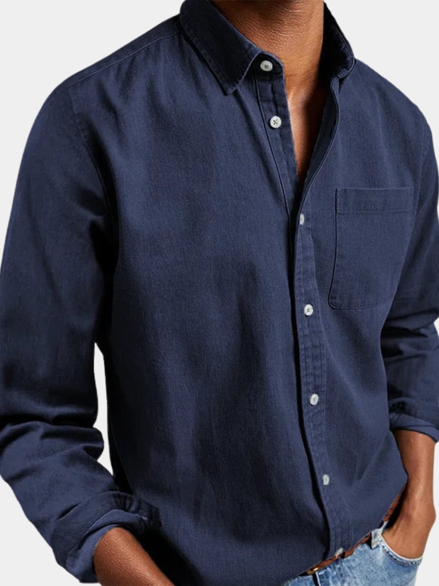 Men's classic denim button-down long sleeve shirt, perfect for effortless casual style and everyday wear.