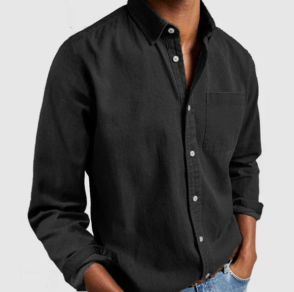 Essential men's long sleeve denim button-down shirt, a classic top for versatile everyday wear.