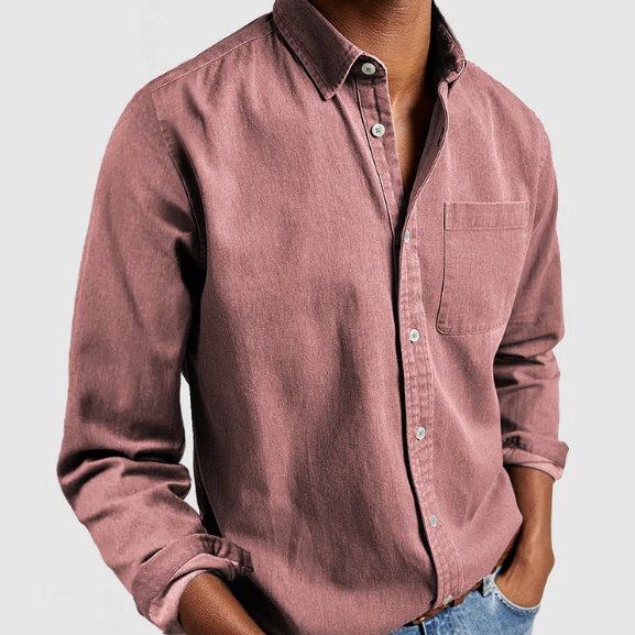 Men's classic denim style long sleeve button-down shirt, great for casual men's clothing and fashion.