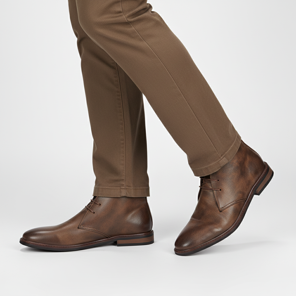 Men's Classic Desert Boots paired with smart-casual attire, versatile for formal & everyday fashion.