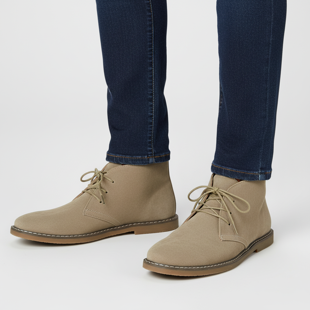 Detailed view of stitching on Men's Classic Desert Boots, highlighting quality, durability, & classic style.