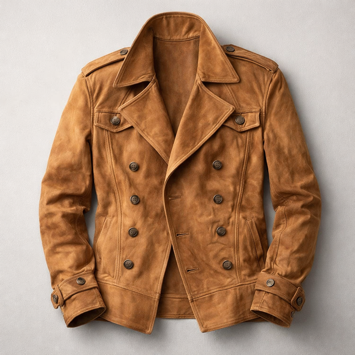 Men's classic double-breasted brown coat. Tailored all-season outerwear for elegant style.