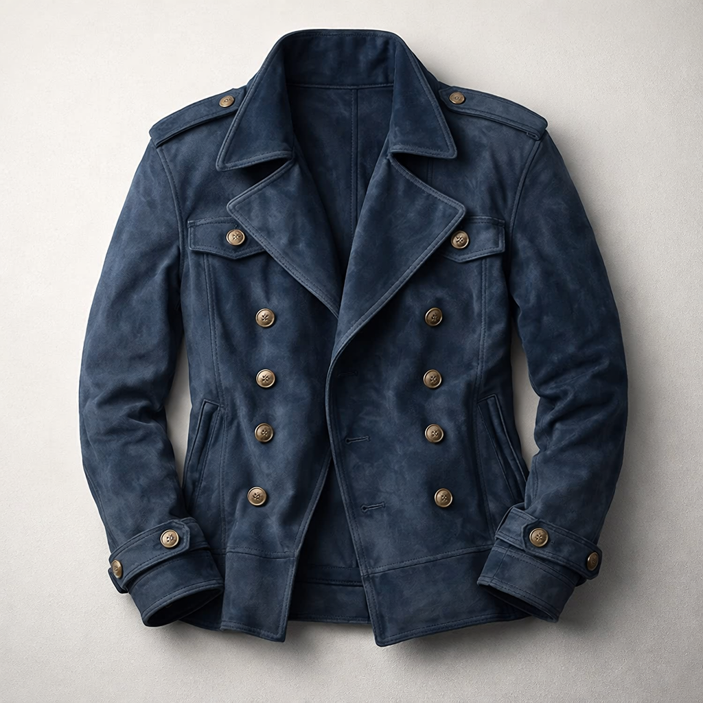 Versatile men's dark blue double-breasted jacket. Elegant tailored all-season coat, perfect for outerwear.