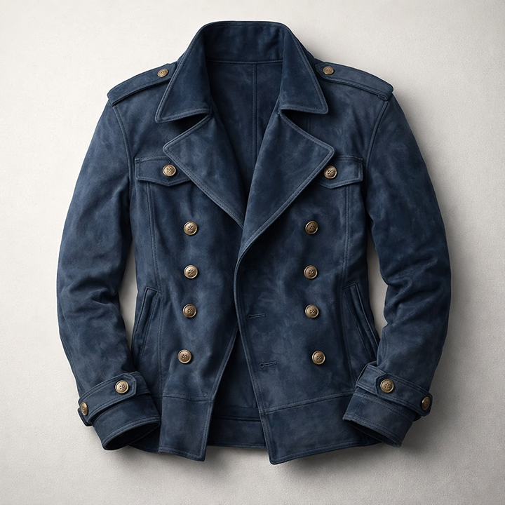 Versatile men's dark blue double-breasted jacket. Elegant tailored all-season coat, perfect for outerwear.