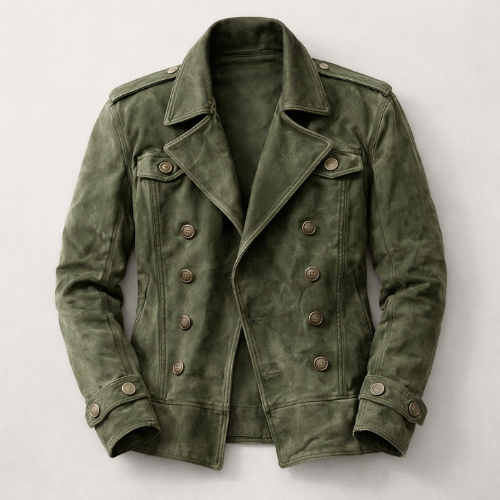Stylish men's double-breasted army green coat. Classic all-season outerwear for a sophisticated look.