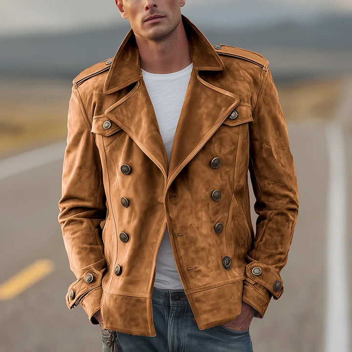 Men's tailored double-breasted all-season coat. Classic brown outerwear jacket for a refined look.