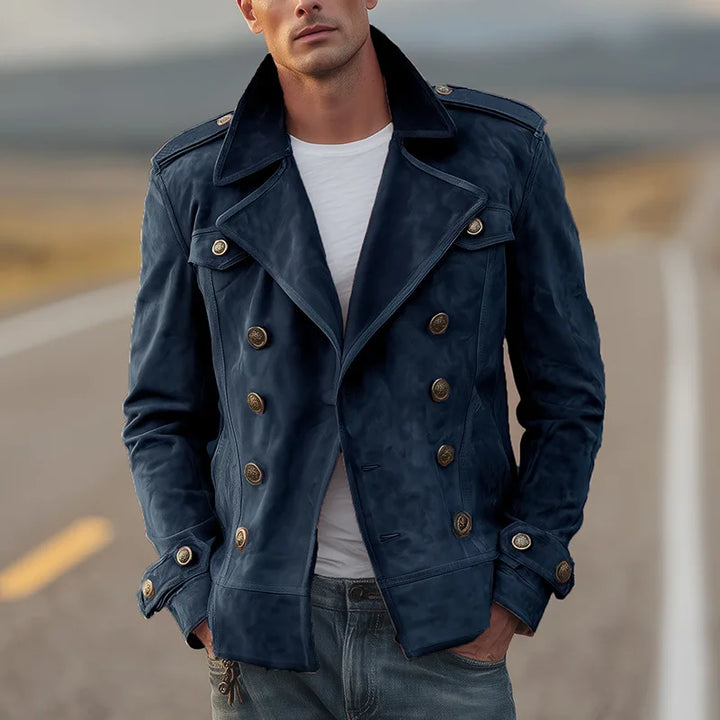 Sophisticated men's dark blue double-breasted coat. Versatile all-season outerwear jacket.