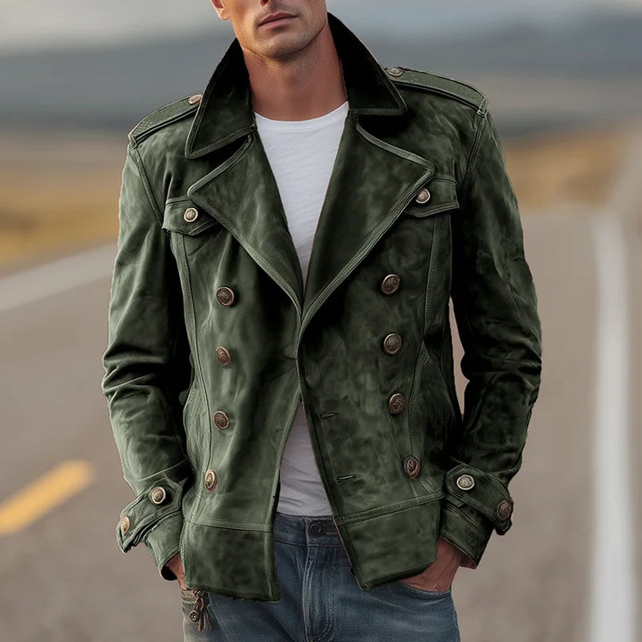 Classic men's army green double-breasted coat. Tailored all-season jacket, elegant and versatile.