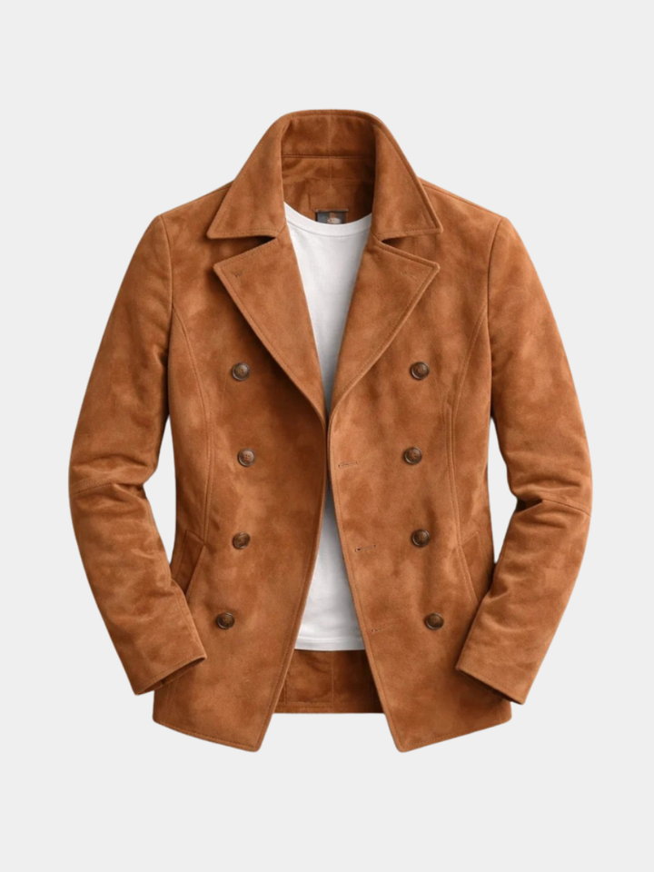 Men's classic double-breasted pea coat in dark navy wool. Timeless winter outerwear for smart casual style.
