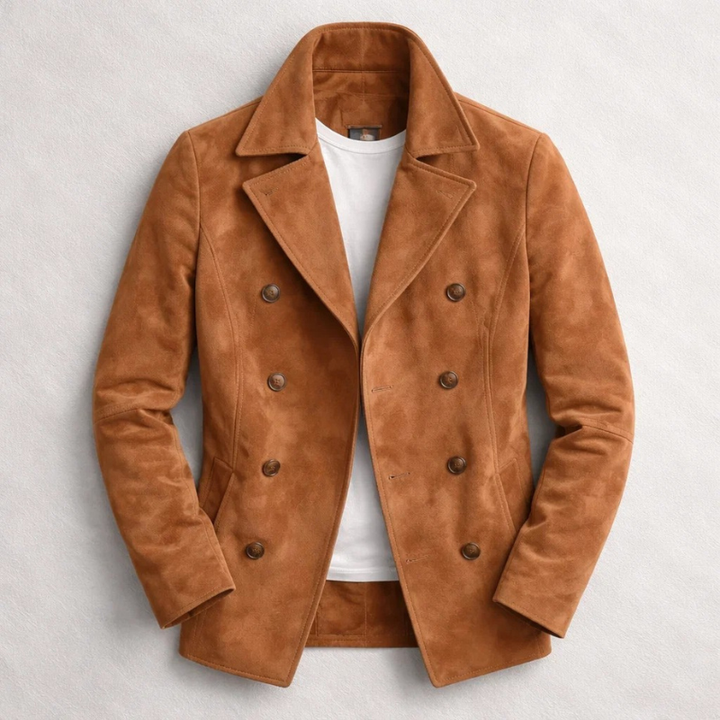 Warm men's double-breasted pea coat, ideal for fall and winter. Classic wool blend outerwear in a stylish fit.