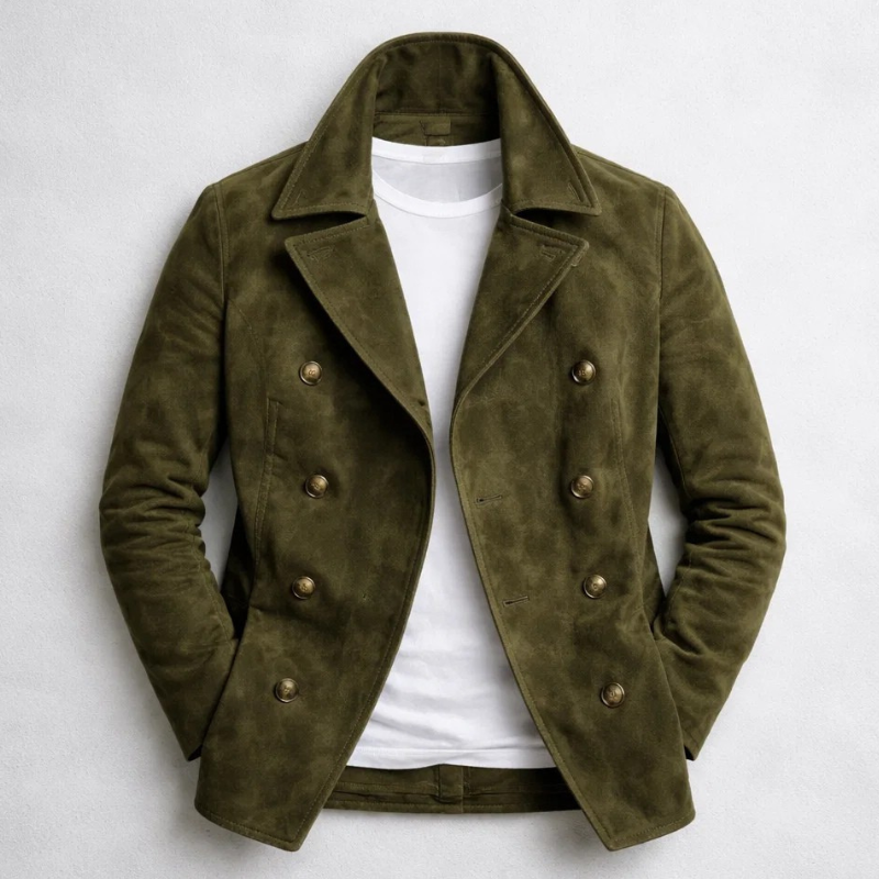 Stylish men's pea coat featuring a double-breasted design & large lapels. Versatile classic outerwear for cold weather.