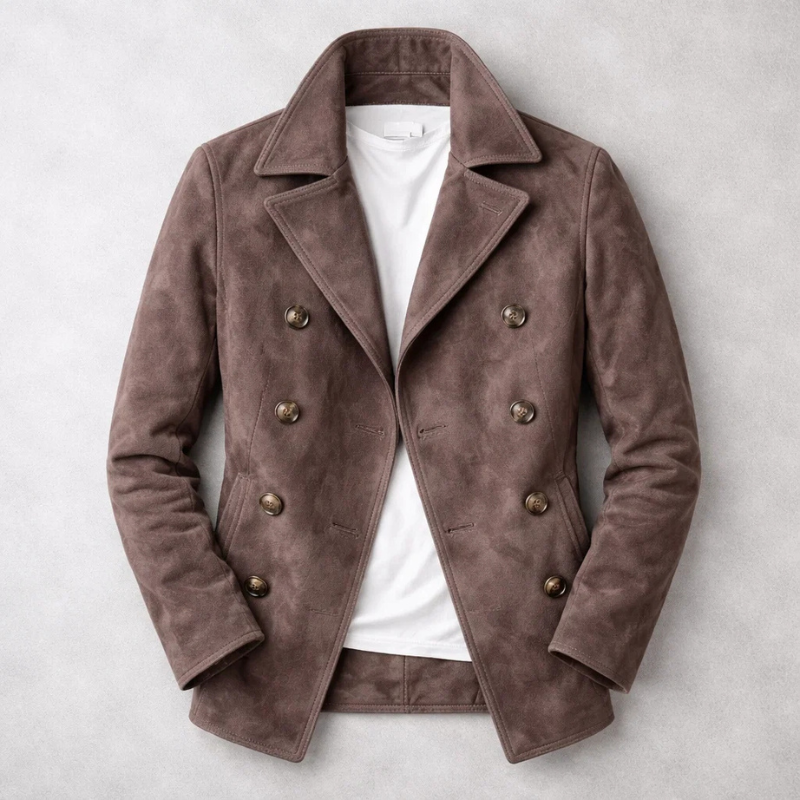 Elegant men's wool pea coat with a classic double-breasted front. Perfect timeless outerwear for men's fall fashion.