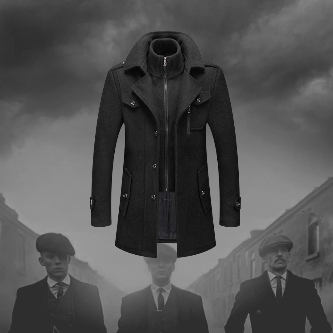 Classic men's long coat with double layer, ideal winter fashion and outerwear for a refined look.
