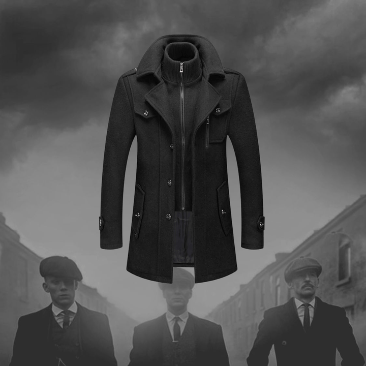 Classic men's long coat with double layer, ideal winter fashion and outerwear for a refined look.
