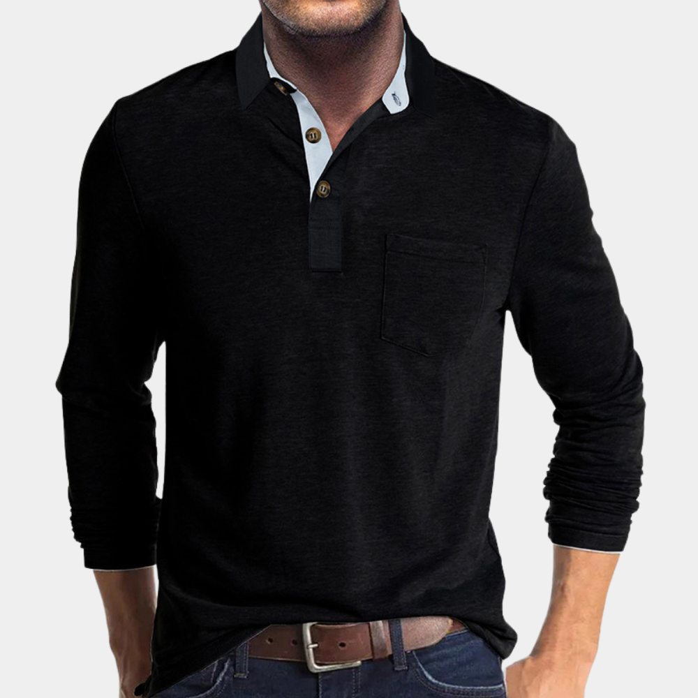 Versatile Men's Long Sleeve Polo Shirt with chest pocket, ideal for casual or smart everyday style.