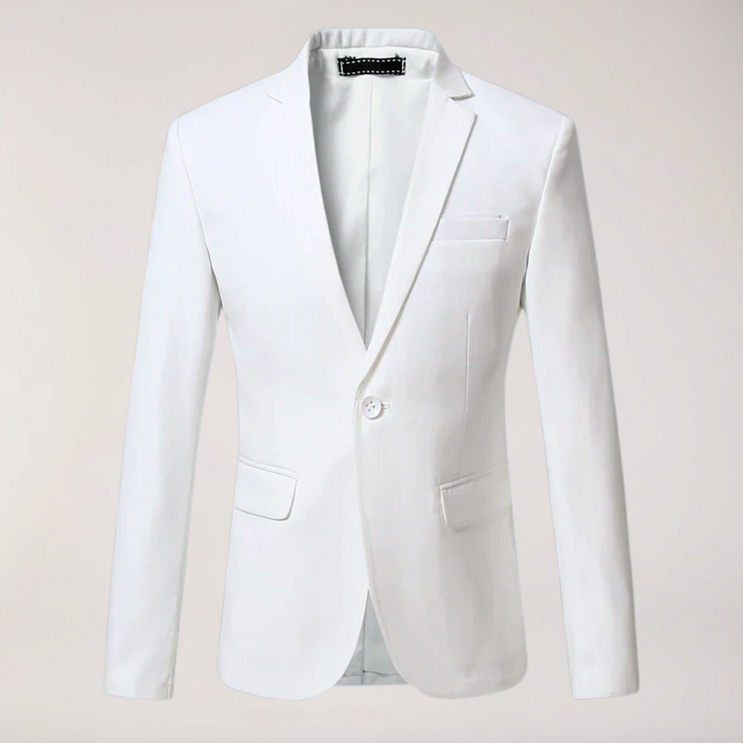 Side view of a men's classic tailored blazer, showcasing its professional fit, structure, and formal design.