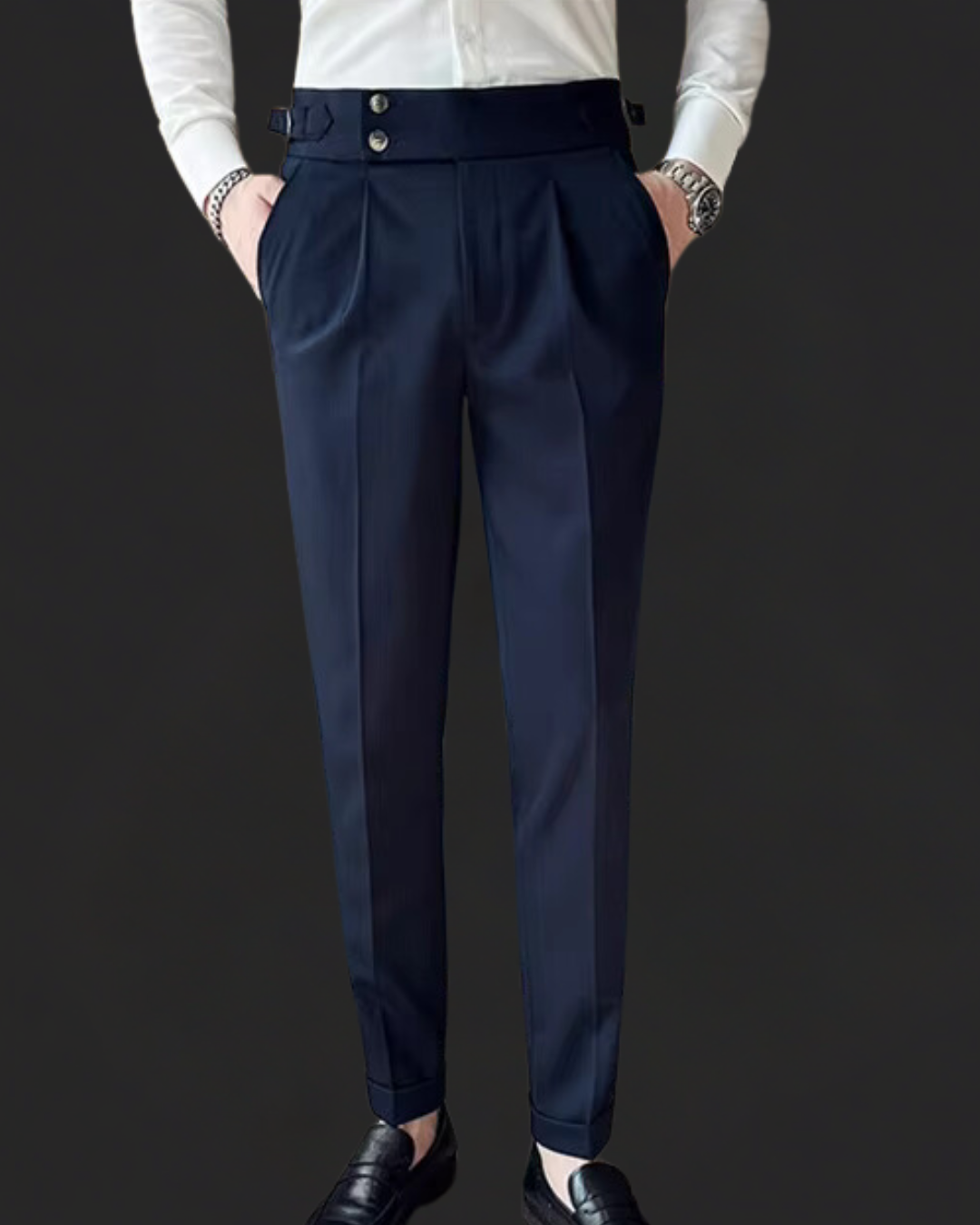 Men's classic Gurkha dress trousers with double pleats & adjustable high waist for tailored formal wear.