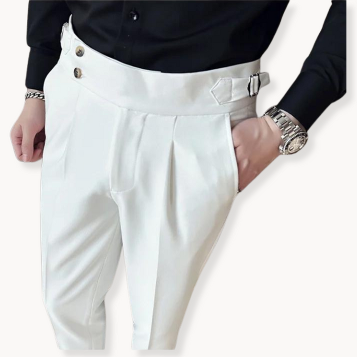 Men's formal pleated Gurkha trousers, adjustable waist for a classic, sophisticated, tailored gentleman's style.