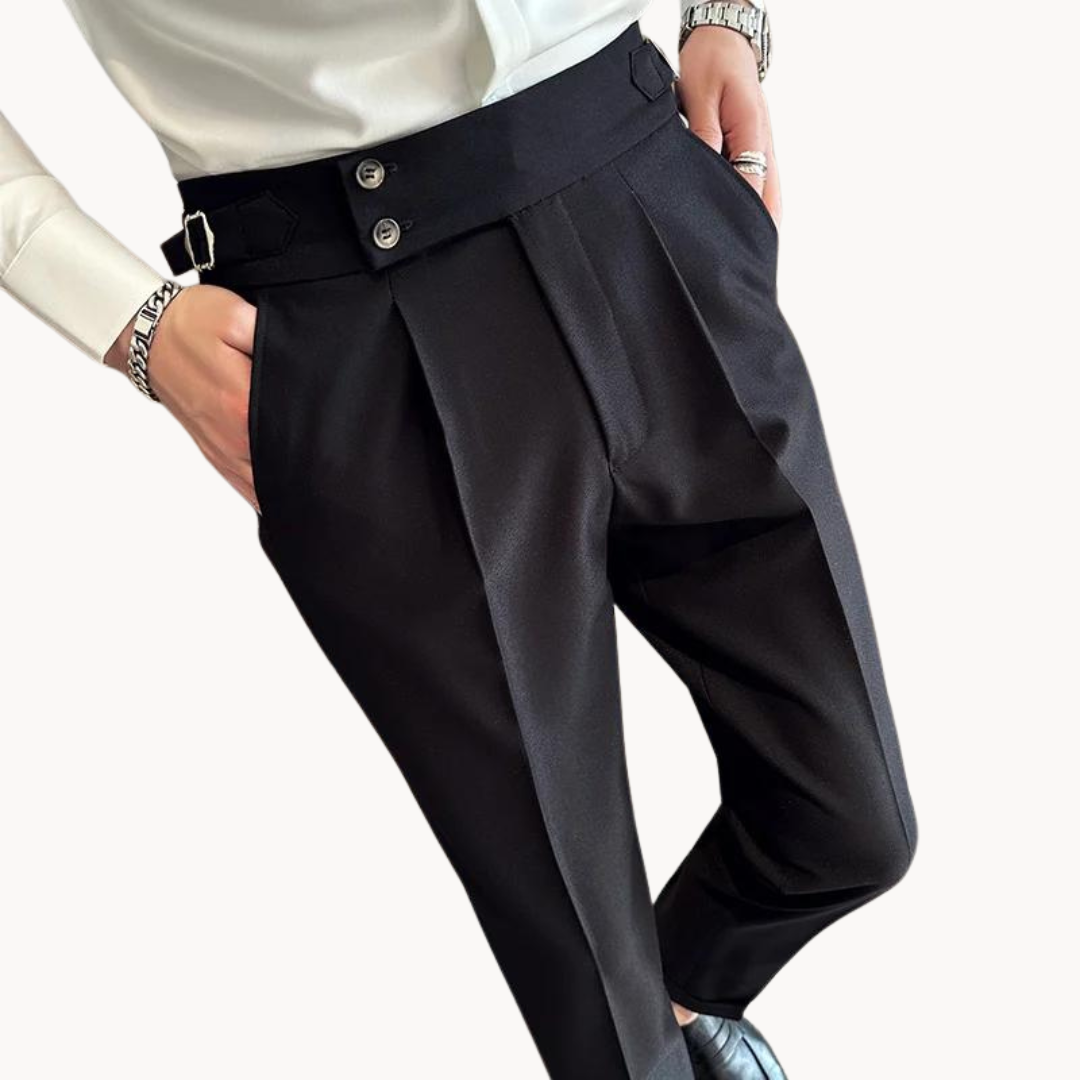 Classic men's pleated Gurkha trousers with an adjustable waist, embodying gentleman's smart casual & formal style.
