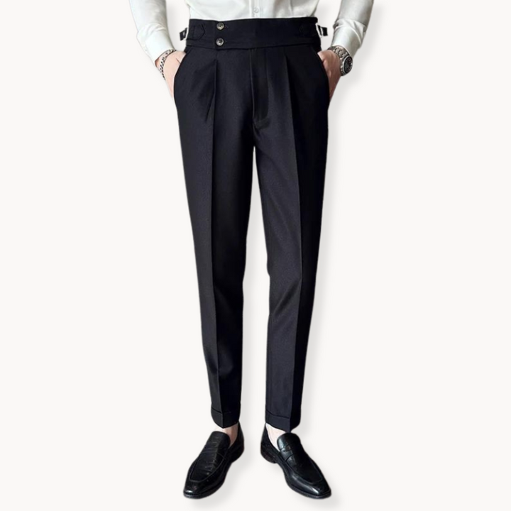 High-waisted men's pleated Gurkha dress trousers, tailored for a sharp, formal, and comfortably stylish fit.