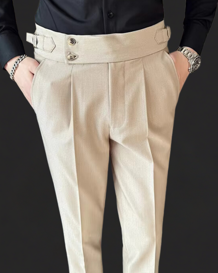Stylish men's pleated Gurkha trousers, adjustable waist, ideal for formal, business, or smart casual attire.