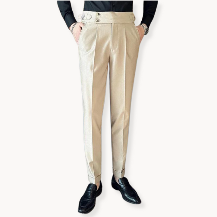 Versatile men's tailored Gurkha pants, pleated, adjustable waist, suitable for formal events & smart casual fashion.