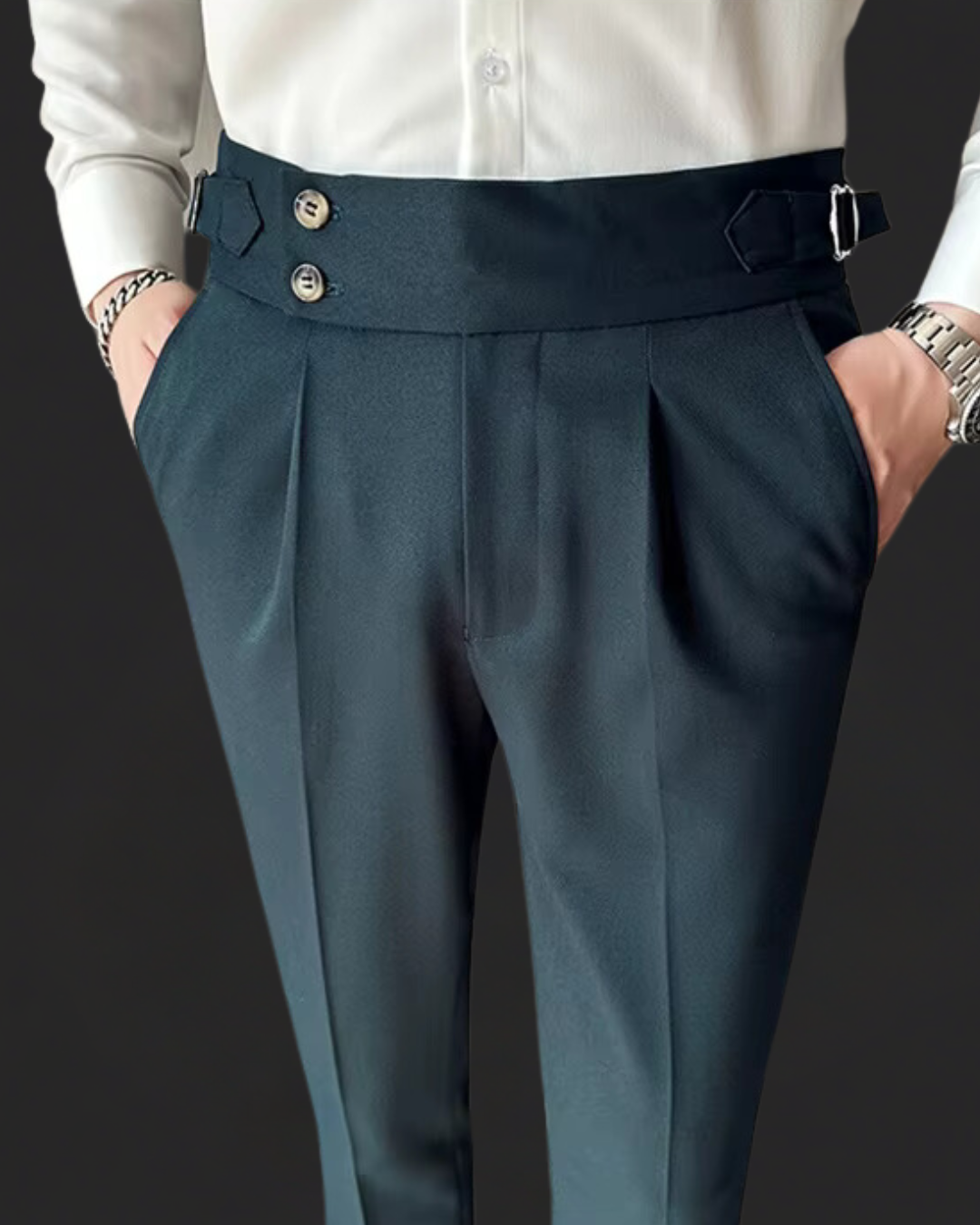 Comfortable men's pleated Gurkha dress trousers with an adjustable waist, blending classic style & modern tailoring.