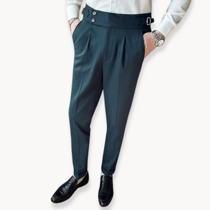 Sharply tailored men's Gurkha dress pants, pleated front, high waist & adjustable for a refined formal/casual look.