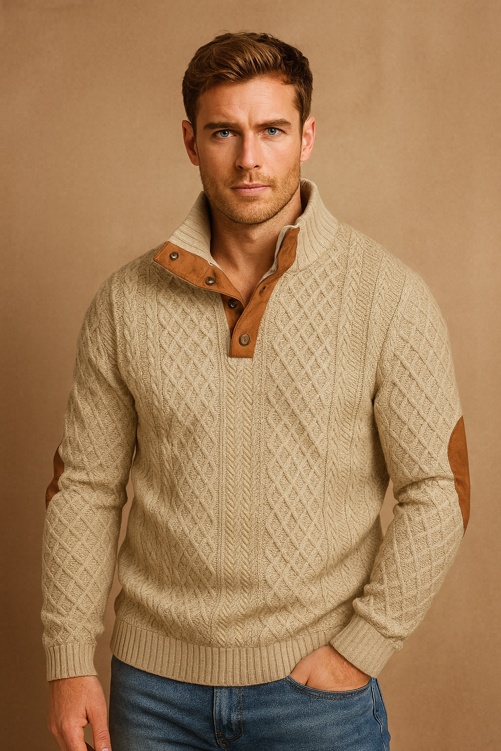 Men's classic jacquard knit sweater with button collar, ideal for casual spring fashion.