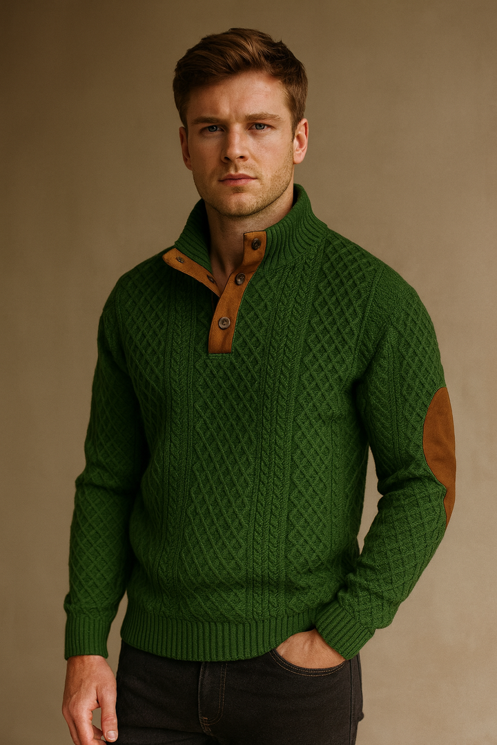 Textured long-sleeve men's jacquard sweater with button-down collar, perfect for cool weather.