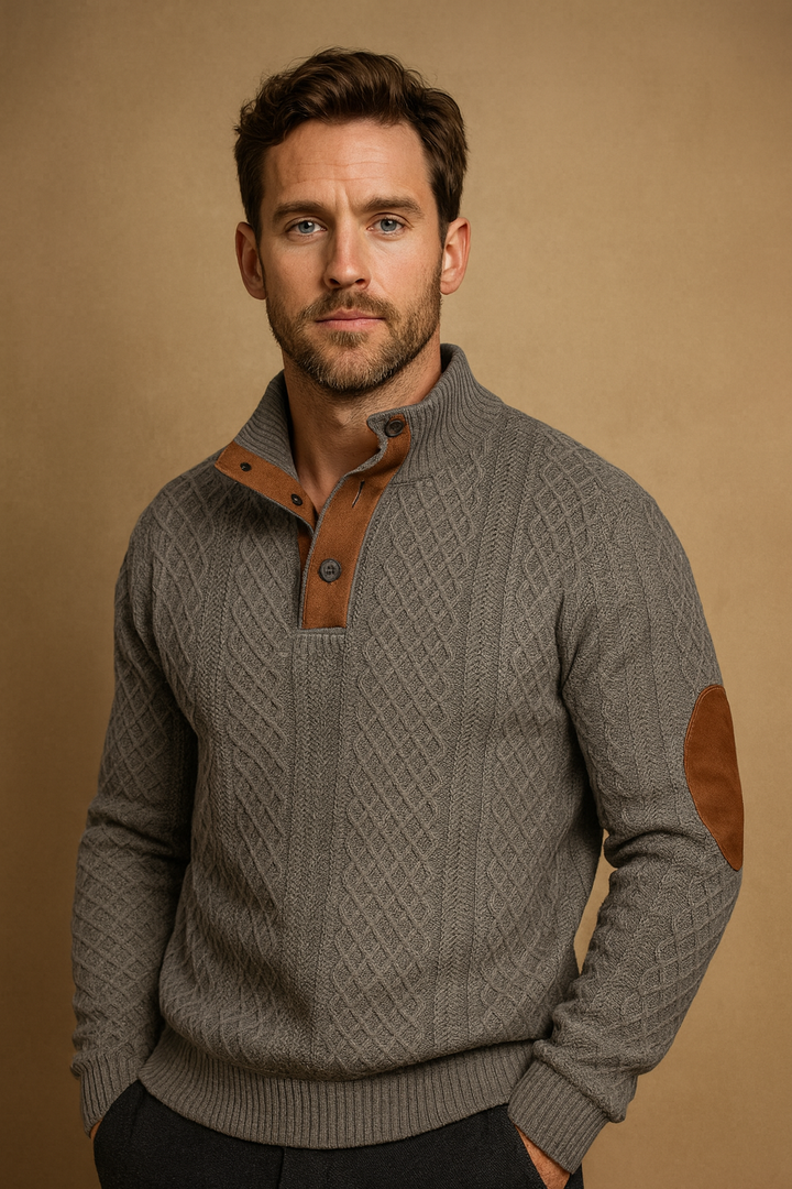 Stylish men's knit sweater featuring a unique jacquard pattern and a functional button collar.