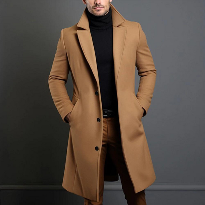 Men's classic lapel long overcoat, tailored fit, ideal for formal or casual winter outerwear.