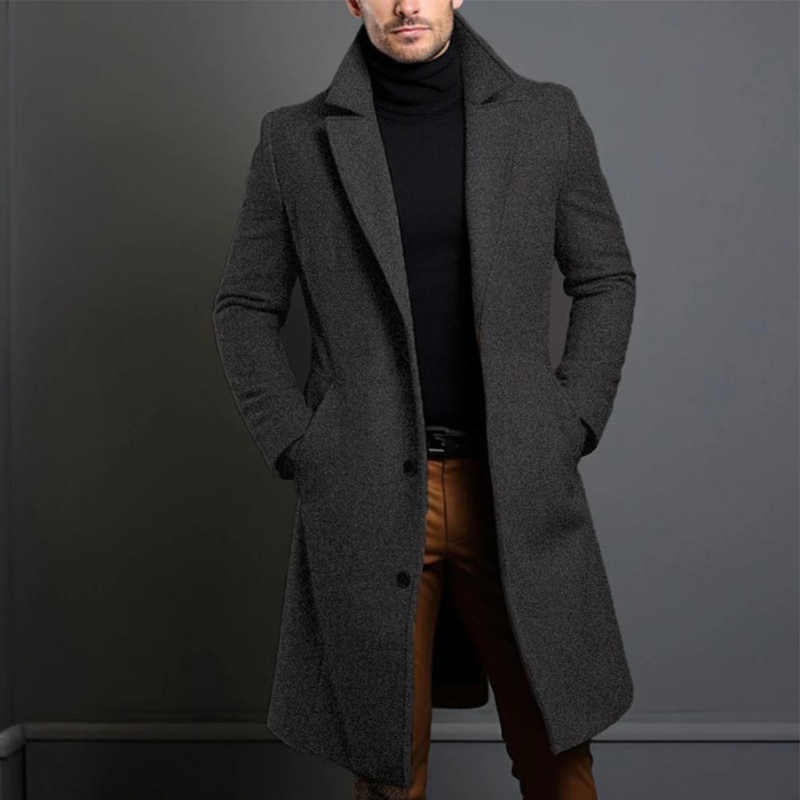 Classic men's long overcoat with a sophisticated lapel, perfect for cold weather fashion.