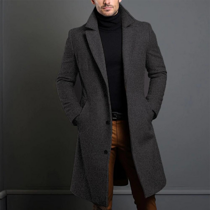 Classic men's long overcoat with a sophisticated lapel, perfect for cold weather fashion.