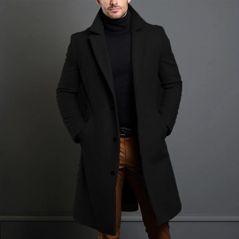 Tailored men's long winter coat with a classic lapel design, versatile outerwear for men.