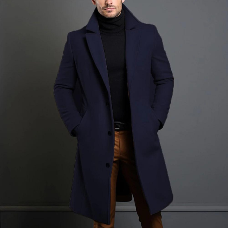 Stylish long lapel overcoat for men, offering a classic look and warmth in cold weather.