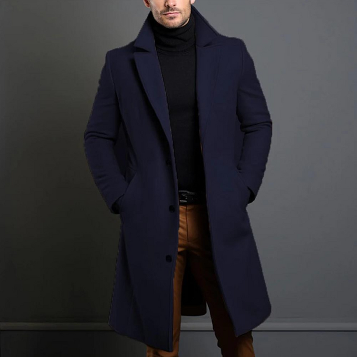 Stylish long lapel overcoat for men, offering a classic look and warmth in cold weather.