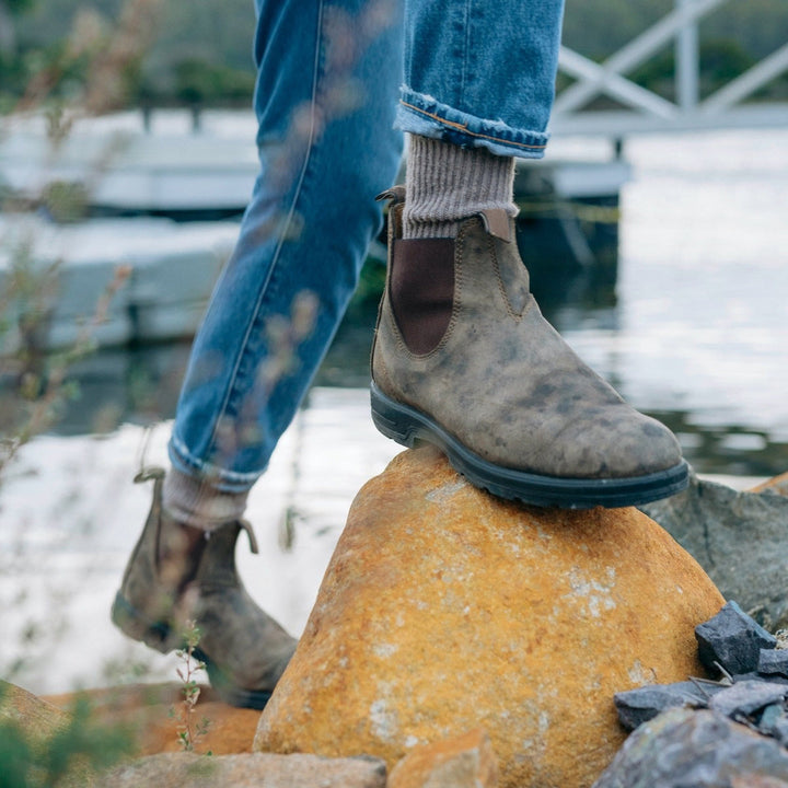 Men's classic leather Chelsea boots, dark brown, with elastic side panels and pull tab for smart casual style.