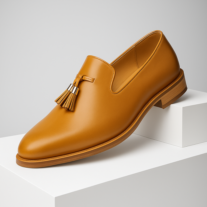 Men's classic leather tassel loafers, perfect for formal or casual wear, offering slip-on comfort.