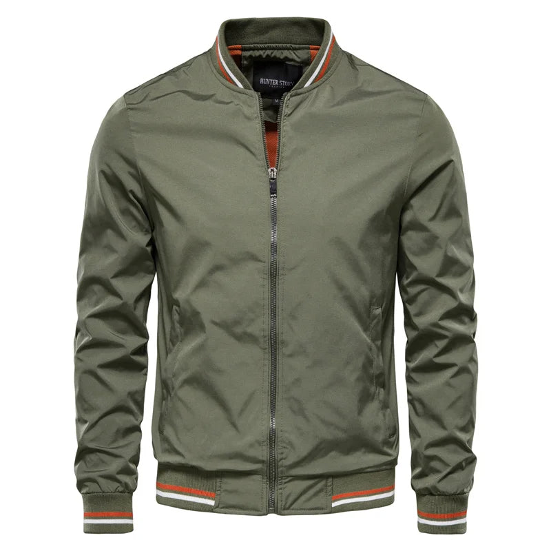 Modern men's fashion bomber jacket, a stylish and lightweight spring or fall outerwear staple.