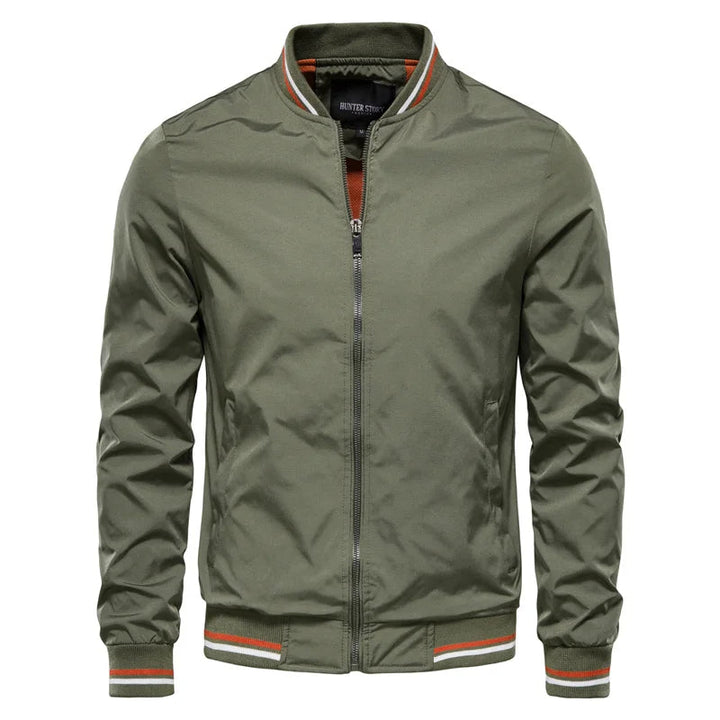 Modern men's fashion bomber jacket, a stylish and lightweight spring or fall outerwear staple.