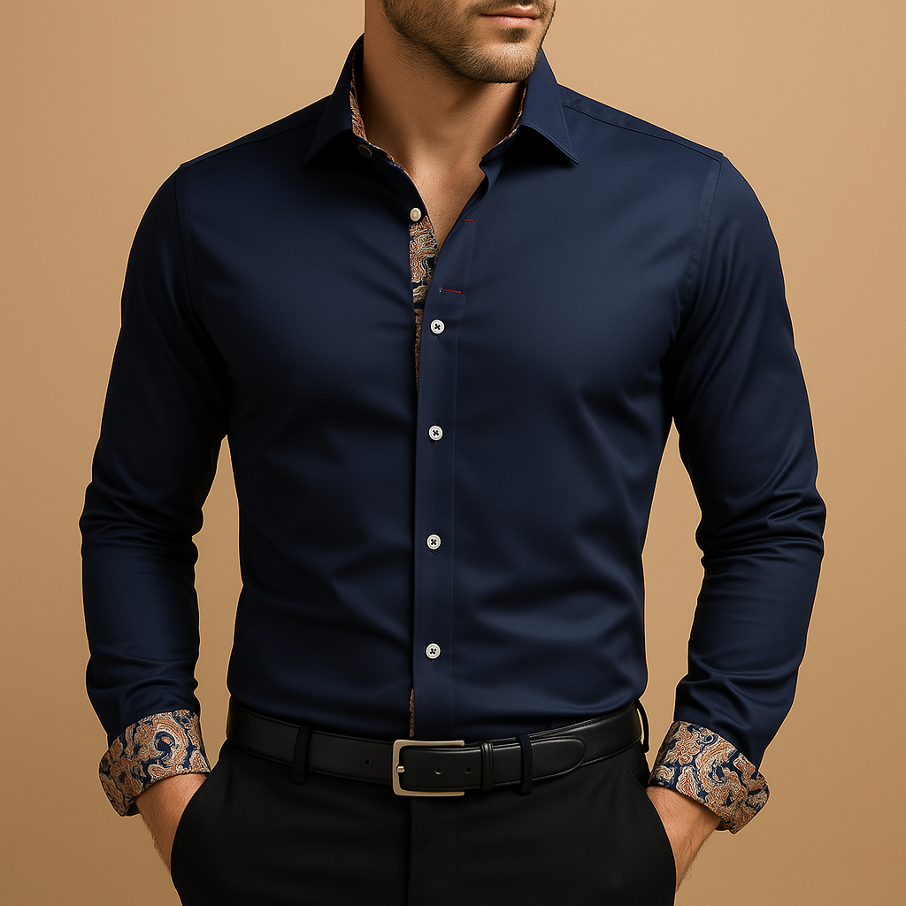 Refined men's long sleeve dress shirt, perfect for formal wear, business meetings, or elegant casual looks.
