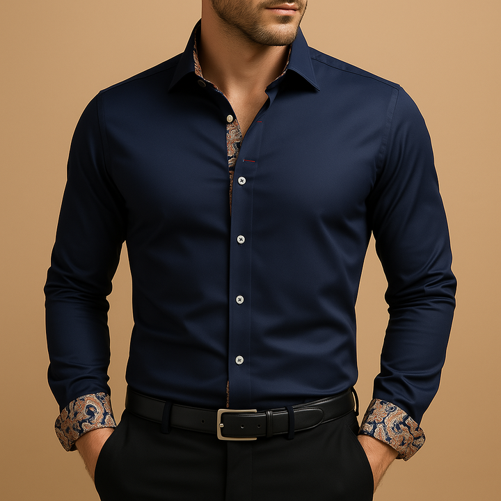Refined men's long sleeve dress shirt, perfect for formal wear, business meetings, or elegant casual looks.