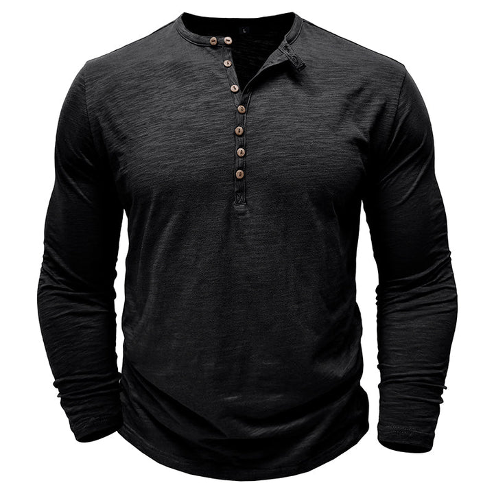 Soft cotton men's long-sleeve henley, great for autumn and winter layering.